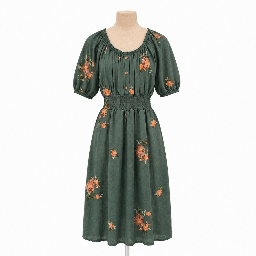 Floral Embroidered Peasant Dress Size S Green Cottagecore Prairie Boho Indie